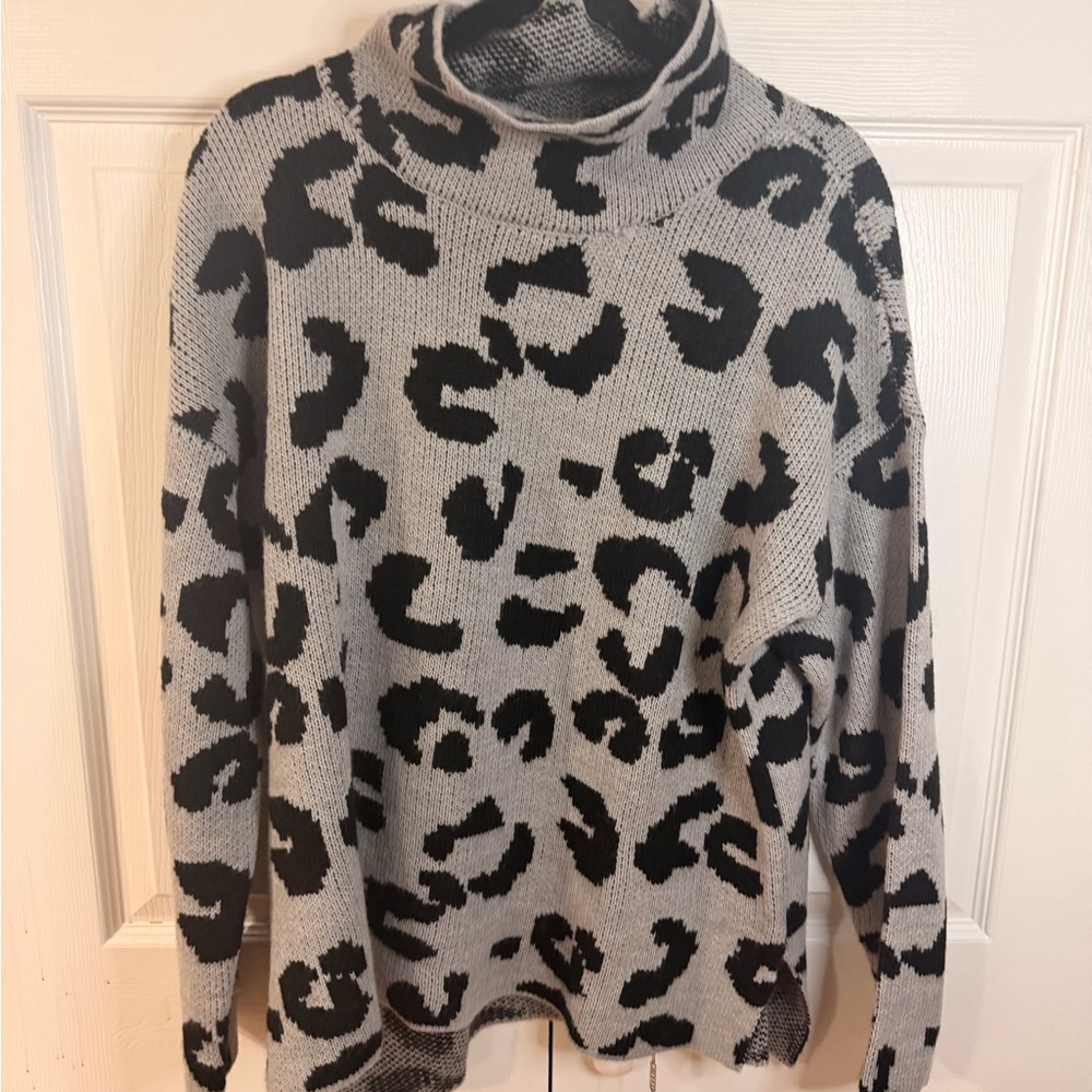 DKNY Gray and Black Leopard Cowl-Neck Sweater